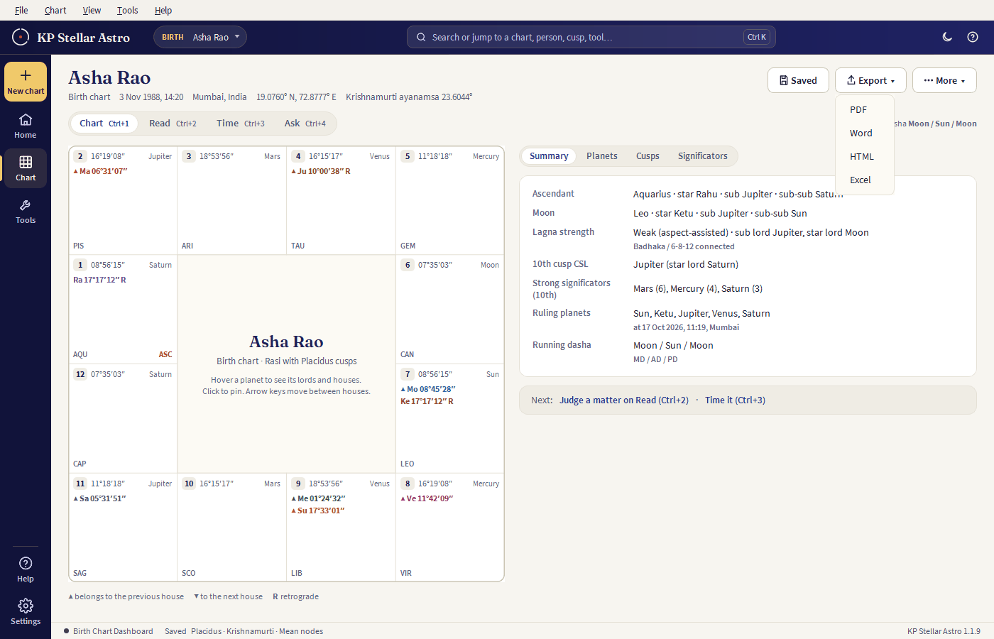 Export menu open showing PDF, Word, HTML and Excel